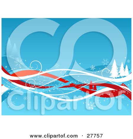 Clipart Illustration of Silhouetted Evergreen Trees On Red, White And Blue Lines With Snowflakes Over A Blue Hilly Background by KJ Pargeter