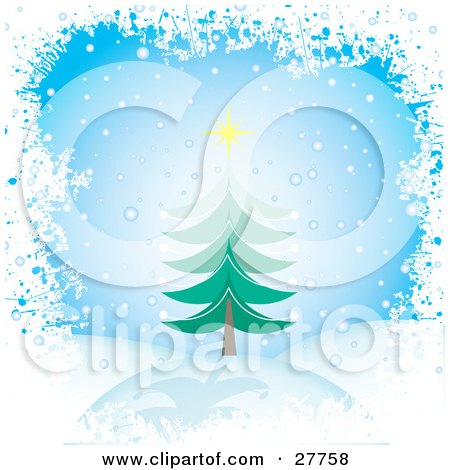 Clipart Illustration of an Evergreen Christmas Tree Topped With A Yellow Star, In A Hilly Landscape With Snow Falling From A Blue Sky by KJ Pargeter