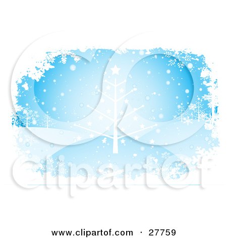 Clipart Illustration of a White, Star Adorned Christmas Tree In A Winter Hilly Landscape With Snowflakes Falling From The Blue Sky, Bordered By White by KJ Pargeter