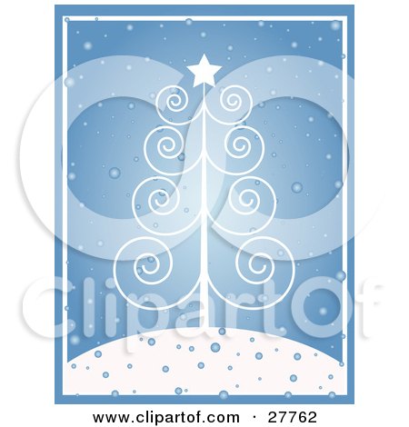 Clipart Illustration of a Delicate White Scroll Christmas Tree With A Star, On A Snowy Hilltop Over Blue by KJ Pargeter