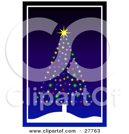 Clipart Illustration of a Bright Christmas Tree Made Of Colorful Bursts Of Light And A Shining Star, On A Snowy Hill Over A Blue Background by KJ Pargeter