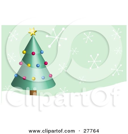 Clipart Illustration of a Green Christmas Tree Decorated In Yellow, Red And Blue Ornaments With A Yellow Star, In A Snowy Landscape With Big Snowflakes Falling From A Green Sky by KJ Pargeter
