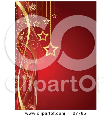Clipart Illustration of Golden Christmas Star Ornaments Hanging Over A Gradient Red Background With Snowflakes And Waves Of Red And Gold by KJ Pargeter