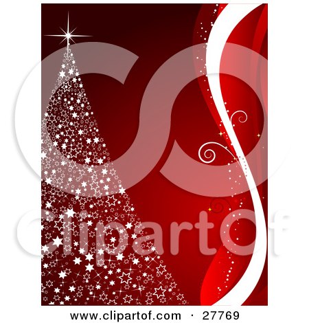 Clipart Illustration of a White Christmas Tree Made Of Stars, Topped With A Bright Sparkle, Over A Red Background With A Border Of White And Red Waves And Swirls by KJ Pargeter