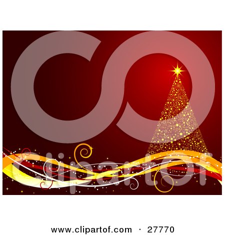 Clipart Illustration of a Golden Christmas Tree On A Wave Of Yellow And Red Lines, Over A Gradient Red Background by KJ Pargeter