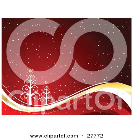 Clipart Illustration of a Red Background With White Snow, Snowflakes, Christmas Trees And White And Gold Waves by KJ Pargeter