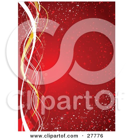 Clipart Illustration of a Vertical Red Background With Snow, Twinkle And Star Patterns, With White, Gold And Red Ribbons Along The Left Edge by KJ Pargeter