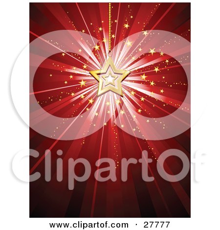 Clipart Illustration of a Bursting Red Background A Gold Star Christmas Ornament And Small Stars by KJ Pargeter