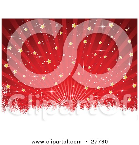 Clipart Illustration of a Bursting Red Background Of Sparkles And Gold Stars, With White Grunge Along The Bottom by KJ Pargeter