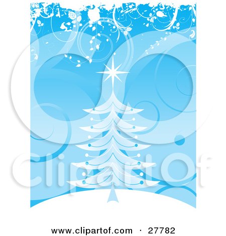 Clipart Illustration of a Blue Christmas Tree With A Star On A White Hilltop Over A Scrolled Blue Background by KJ Pargeter