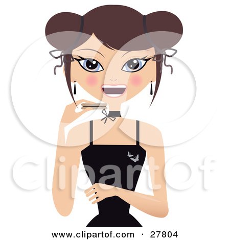 Clipart Illustration of a Happy Brunette Caucasian Woman In A Black Dress, Smiling And Eating A Cookie by Melisende Vector