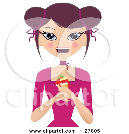 Clipart Illustration of a Happy Brunette Caucasian Woman In A Pink Dress, Smiling And Holding An Ice Cream Cone by Melisende Vector