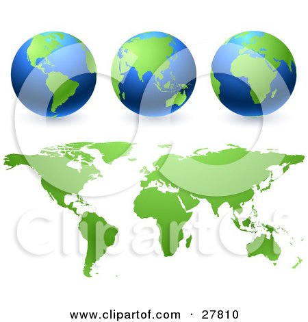 Clipart Illustration of Green And Blue Globes And Green Maps Over A White Background by Tonis Pan