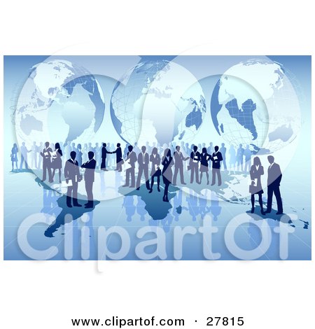 Clipart Illustration of Business Men And Women Conducting International Business Over A Blue Map With A Globe Background by Tonis Pan