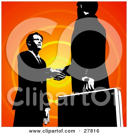 Clipart Illustration of Two Businessmen Looking Into Each Others Eyes And Shaking Hands Over An Orange Circle Background by Tonis Pan
