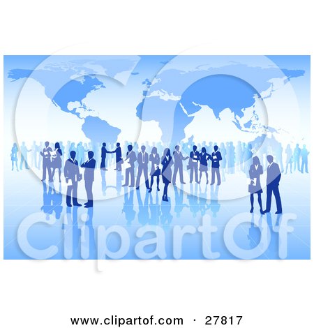 Clipart Illustration of International Business People Conducting Business Over A Grid Surface With A Blue Map Background by Tonis Pan