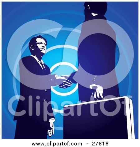 Clipart Illustration of Two Businessmen Looking Into Each Others Eyes And Shaking Hands Over A Blue Circle Background by Tonis Pan