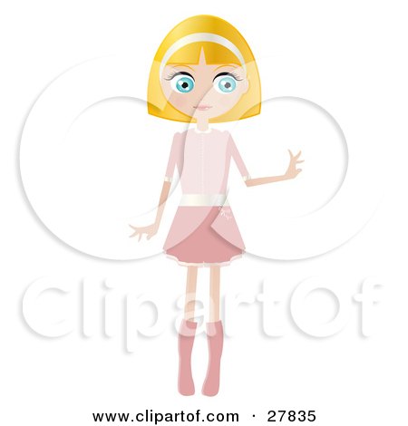 Clipart Illustration of a Blond Haired, Blue Eyed Caucasian Woman Dressed In Pink, Standing And Holding One Arm Out by Melisende Vector