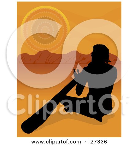 Clipart Illustration of a Silhouetted Aboriginal Man Sitting In The Sand And Playing The Didgeridoo In The Australian Outback by Maria Bell
