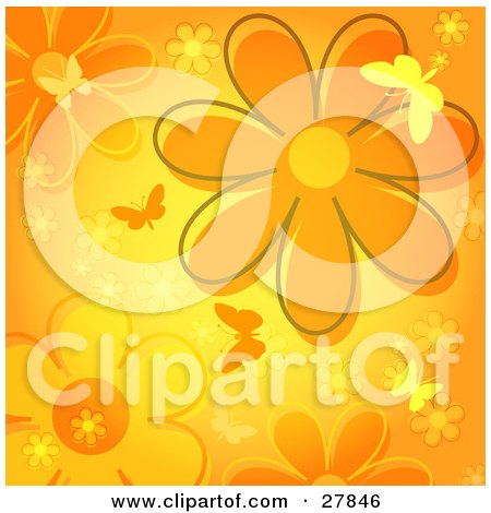 Clipart Illustration of Silhouetted Butterflies Fluttering Over An Orange Flower Background by KJ Pargeter