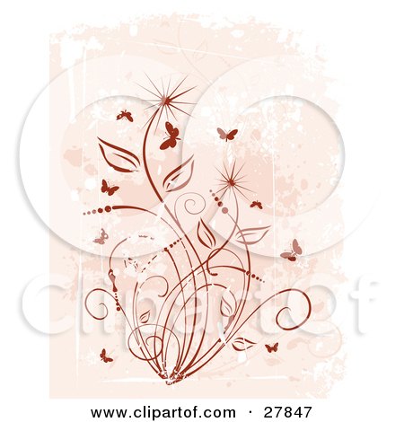 Clipart Illustration of Silhouetted Butterflies Near A Floral Vine, In Brown Tones by KJ Pargeter