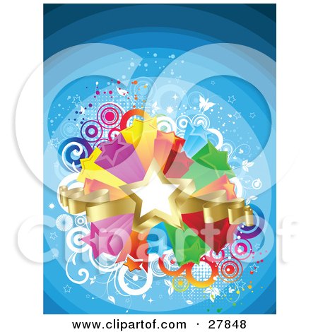 Clipart Illustration of a Golden Star And Ribbons Over A Bursting Island Of Yellow, Purple, Orange, Red, Green And Blue Stars Over A Gradient Blue Retro Background Of Circles And Butterflies by KJ Pargeter