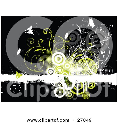 Clipart Illustration of a White Grunge Text Bar On A Black Background With Green, Gray And White Butterflies, Vines And Circles by KJ Pargeter