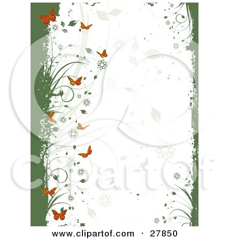 Clipart Illustration of a White Background With Faded Flowers And Leaves, Framed By Green Grunge With Vines And Orange Butterflies by KJ Pargeter