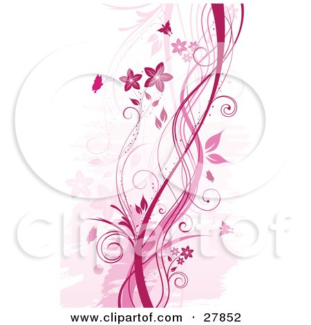Clipart Illustration of Silhouetted Butterflies Near A Floral Vine, In Pink Tones by KJ Pargeter