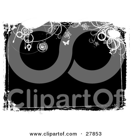 Clipart Illustration of a Horizontal Black Grunge Background Bordered By White Circles, Flowers And Butterflies by KJ Pargeter
