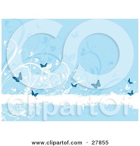 Clipart Illustration of a White Grunge Text Bar Bordered With White And Blue Flowers And Butterflies by KJ Pargeter
