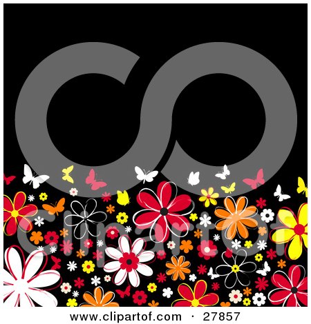 Clipart Illustration of Colorful White, Red, Yellow And Orange Flowers And Butterflies Along The Bottom Half Of A Black Background by KJ Pargeter