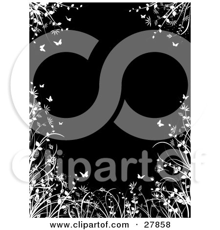 Clipart Illustration of Fluttering White Butterflies With Flowers And Plants, Bordering A Black Background by KJ Pargeter