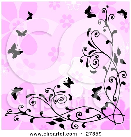 Clipart Illustration of Silhouetted Butterflies Fluttering Over A Black Vine On A Pink Flower Background by KJ Pargeter