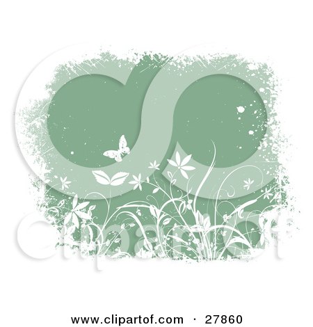 Clipart Illustration of a Green Grunge Background Of White Butterflies, Plants And Flowers With A Thick White Border by KJ Pargeter