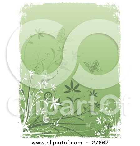 Clipart Illustration of Faded White And Green Butterflies Over A Green Background With A White Grunge Border And Flowers by KJ Pargeter