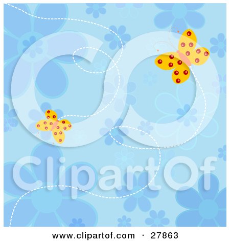 Clipart Illustration of Two Yellow Butterflies With Red Spots, Flying Over A Blue Flower Background by KJ Pargeter