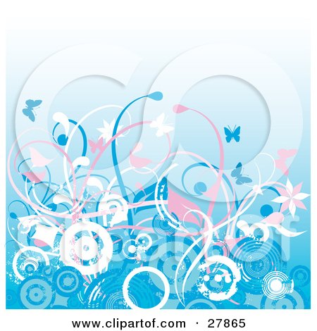 Clipart Illustration of a Background Of White, Blue And Pink Circles, Vines, Flowers And Butterflies by KJ Pargeter