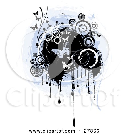Clipart Illustration of a Vertical Grunge Background Of Butterflies And Circles Over A Blue And Black Center With Drips, Over White by KJ Pargeter