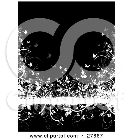 Clipart Illustration of Butterflies Fluttering Over Flowers On A White Grunge Text Bar Over A Black Background by KJ Pargeter