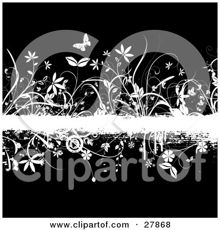 Clipart Illustration of a White Grunge Text Bar Bordered With Flowers, Circles And Butterflies Over A Black Background by KJ Pargeter