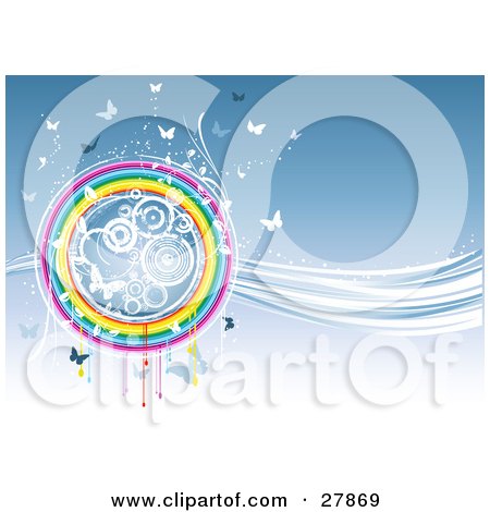 Clipart Illustration of White And Blue Butterflies And Circles In A Round Rainbow On A Wave Of Blue And White Light by KJ Pargeter