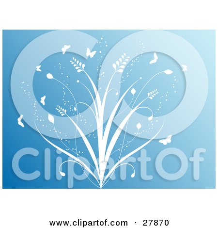Clipart Illustration of Blue Background With White Silhouetted Butterflies And Plants by KJ Pargeter