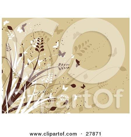 Clipart Illustration of a Background Of White And Brown Butterflies And Tall Reeds by KJ Pargeter
