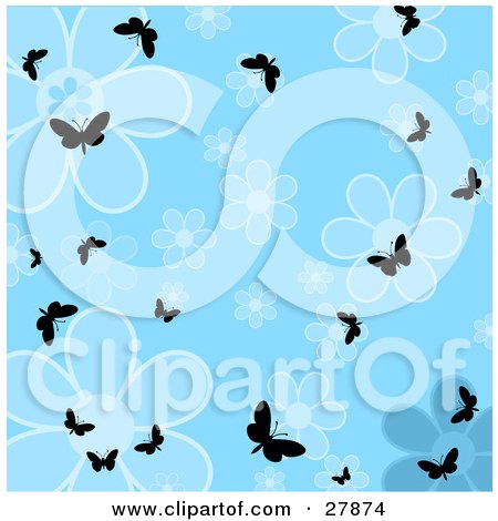 Clipart Illustration of Silhouetted Butterflies Fluttering Over A Blue Flower Background by KJ Pargeter