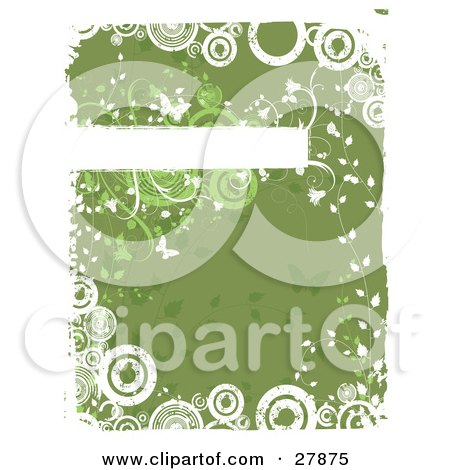 Clipart Illustration of a White Grunge Text Bar Bordered With Flowers And Butterflies Over A Green Background With White Circles And Borders by KJ Pargeter