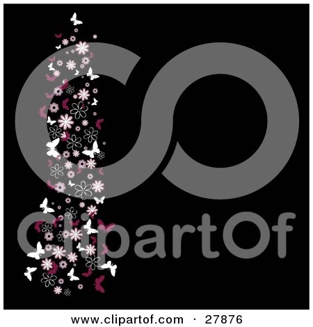 Clipart Illustration of a Column Of Pink And White Flowers And Butterflies Over A Black Background by KJ Pargeter