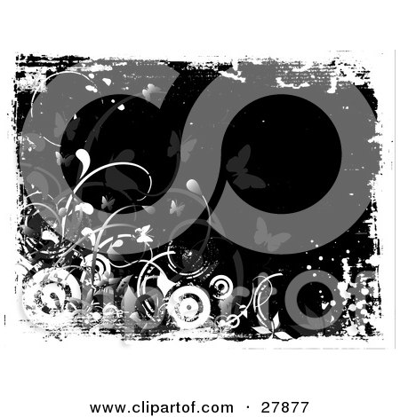 Clipart Illustration of White Circles, Flowers And Plants Over A Black Background With Faded Butterflies by KJ Pargeter