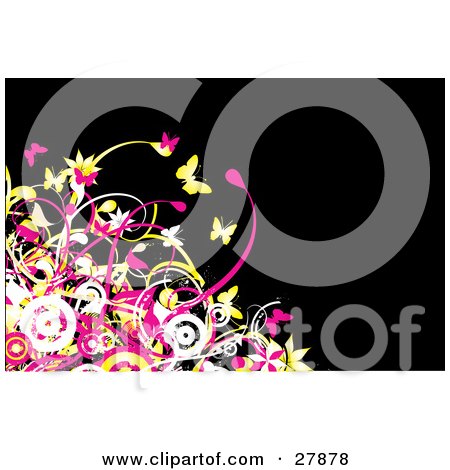 Clipart Illustration of a Black Background With White, Pink And Yellow Circles, Flowers, Vines And Butterflies In The Lower Left Corner by KJ Pargeter