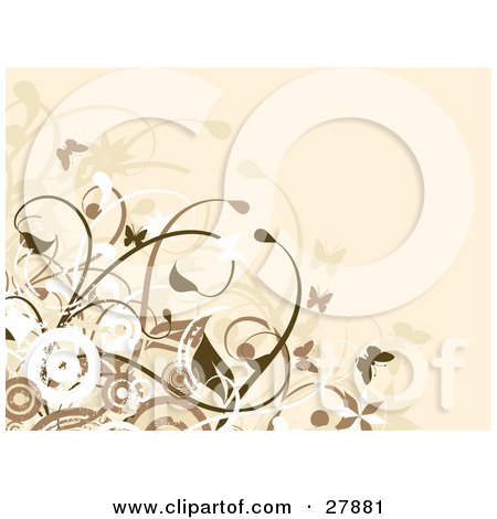 Clipart Illustration of a Beige Background With White And Brown Butterflies And Vines by KJ Pargeter